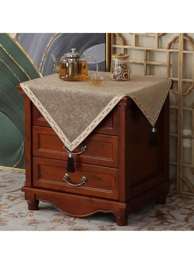 ChicAbode Linen Style Bedside Tablecloth Vintage Nightstand Cover Small Coffee End Tables Cloth with Tassel, Dust-Proof Washable Table Cover for Night Table Tabletop Decoration (Coffee) - Image 1
